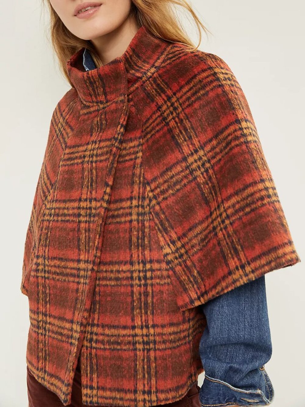 Anthropologie Orange Plaid Wool Blend Cape Jacket One Size NWT